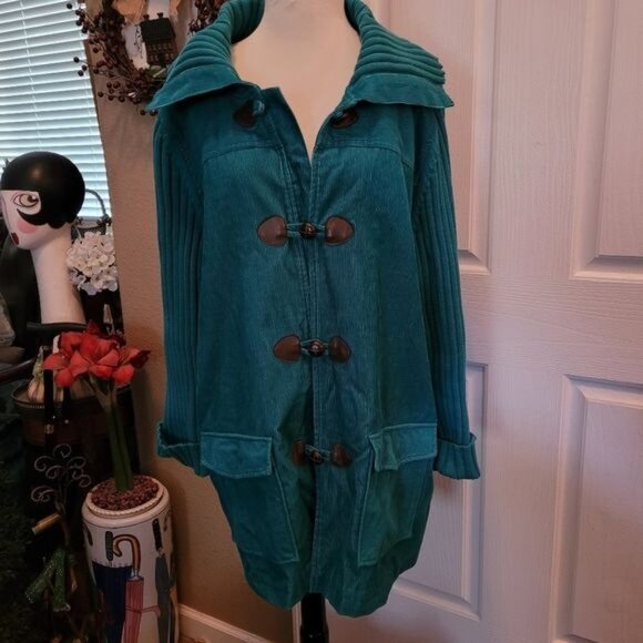 D & Co. Corduroy sweater jacket aqua green teal 1X 16 18 spring summer cardigan - Picture 1 of 6